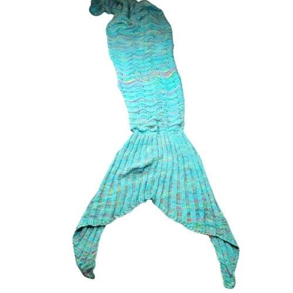 Mermaid‎ Tail Blanket Knit Crochet Turquoise Wave Pattern Cocoon Throw Afghan - Picture 3 of 10